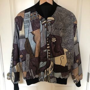 Vintage Y2K Picasso Bomber Jacket. Reversible Blue print/Black Solid.
